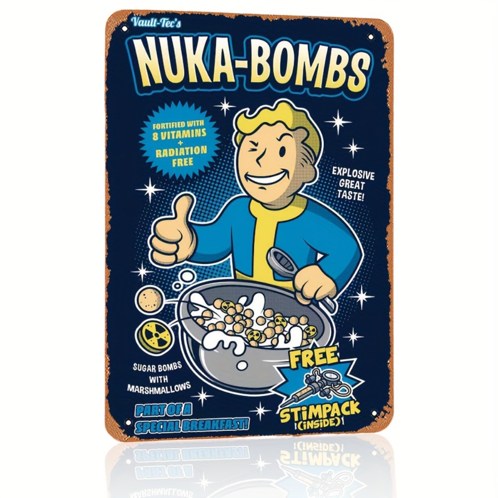 Retro Gaming Vault - ป้ายผนังโลหะ Vault-Tec Nuka-Bombs - การตกแต่งแผ่นเหล็กวิลาดธีมเกมย้อนยุค, รูเจาะล่วงหน้า,