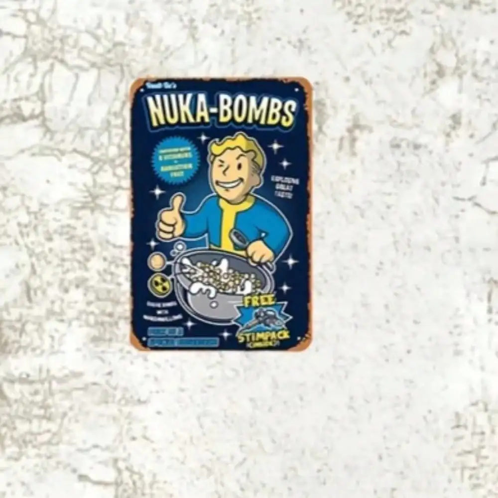 Retro Gaming Vault - ป้ายโลหะ Vault-Tec Nuka-Bombs - ของตกแต่งสไตล์เกมย้อนยุค ทำจากแผ่นดีบุก