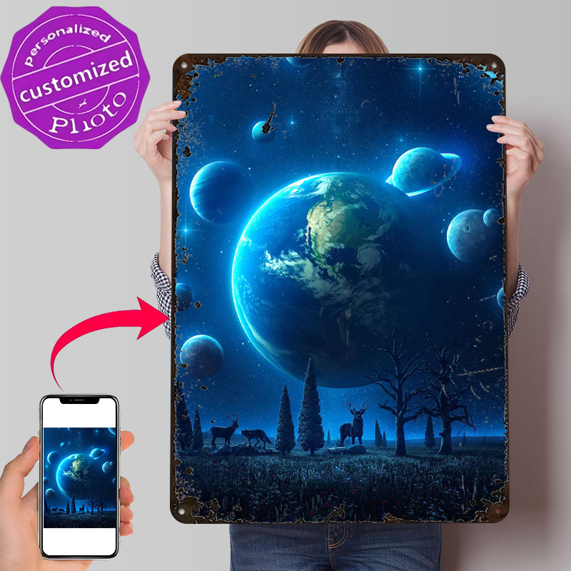 Retro Gaming Universe - ป้ายโลหะวินเทจแบบกำหนดเองลายบลูยูนิเวิร์สไลท์ลี่ 3D สำหรับตกแต่งบ้านเกมเมอร์